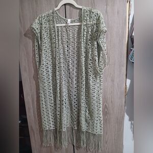 Cato Sage Green Open-Knit Fringe Cardigan